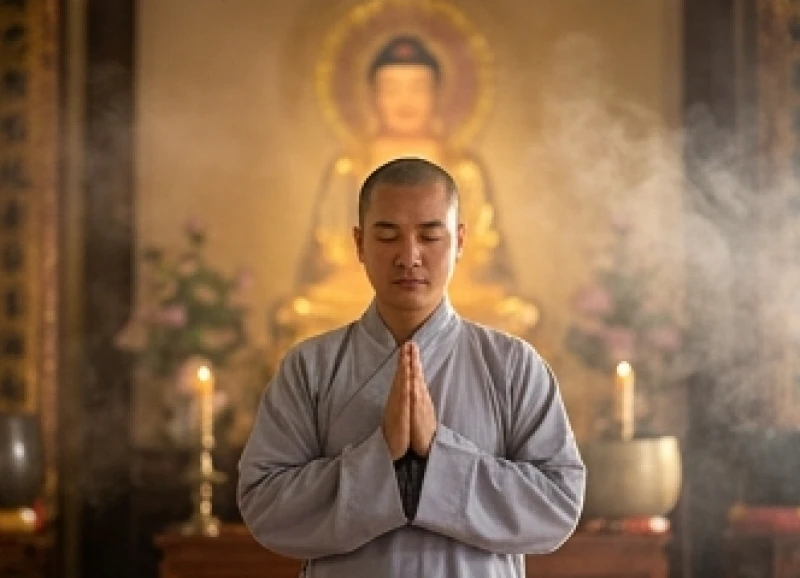 Phật tử chắp tay hoa sen trang nghiêm, nhắm mắt thành tâm khấn nguyện trước ánh hào quang của tượng Phật