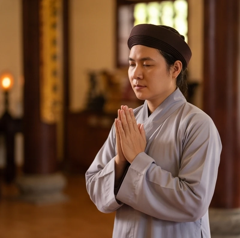 Văn khấn Địa Tạng cầu siêu: Bài cúng chuẩn theo từng hoàn cảnh 5 Phật tử chắp tay búp sen đứng trang nghiêm phía sau chư Tăng trong khóa lễ cầu siêu tại chùa.
