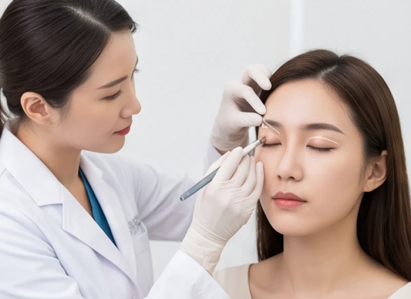 Bác sĩ thẩm mỹ đang thăm khám và đo vẽ nếp mí trước khi tiến hành phẫu thuật tạo hình