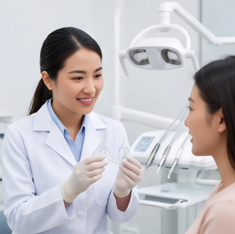 Bác sĩ nha khoa đang tư vấn lộ trình niềng răng và nắn chỉnh cấu trúc xương cho bệnh nhân tại phòng khám