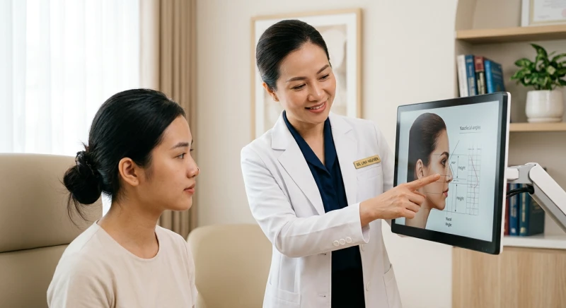 Bác sĩ thẩm mỹ đang tư vấn cấu trúc tỷ lệ vàng cho sống mũi của nữ khách hàng