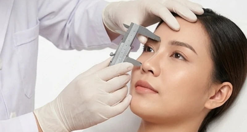 Bác sĩ thẩm mỹ đang dùng thước đo chuyên dụng để đánh giá tỷ lệ và cấu trúc sụn vùng chóp mũi