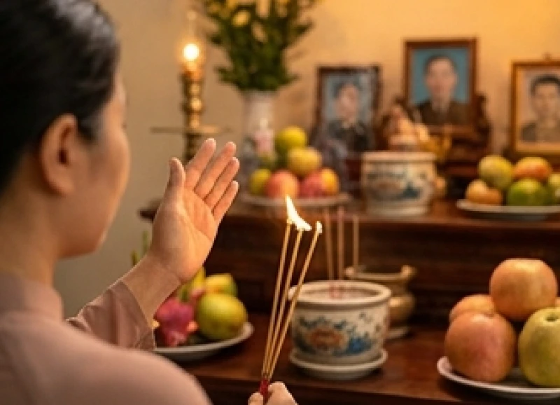 Dùng tay phẩy nhẹ để dập tắt ngọn lửa đang cháy trên đầu nén hương thay vì dùng miệng thổi