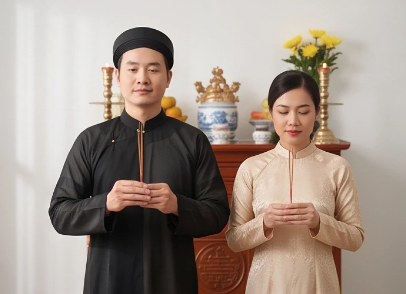 Hai người nam và nữ tuổi Sửu cùng thắp hương chung một bàn thờ khai trương