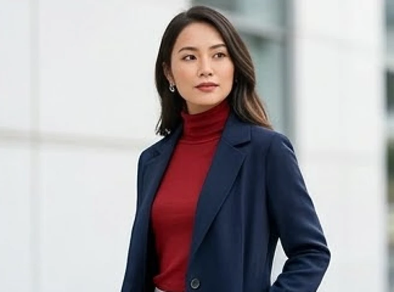 Nữ giới khéo léo mặc một chiếc áo giữ nhiệt màu đỏ bên trong áo khoác đồng phục màu xanh