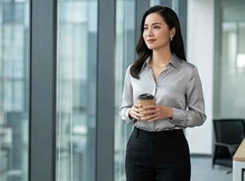 Set đồ công sở kết hợp giữa áo sơ mi xám bạc và quần âu đen cho người mệnh Thủy