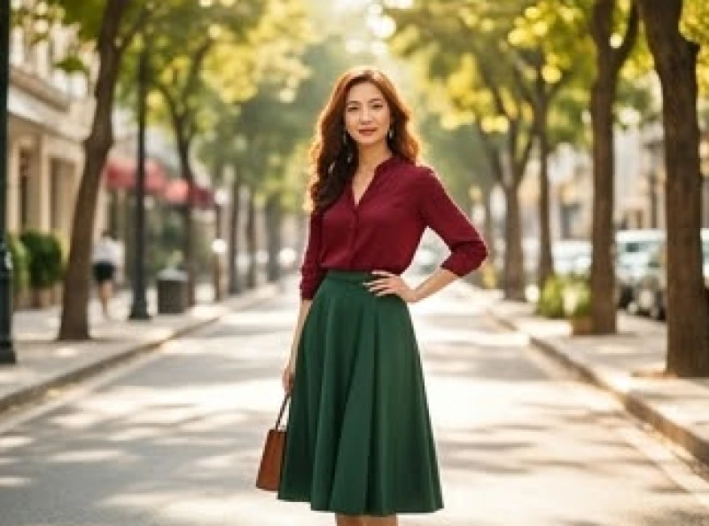 Trang phục kết hợp áo màu đỏ đô và chân váy màu xanh lá cây đậm cho mệnh Hỏa