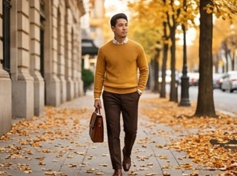 Nam giới diện áo len màu vàng đất phối cùng quần tây màu nâu thanh lịch