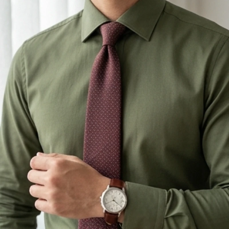 Bộ trang phục thanh lịch cho nam giới mệnh Hỏa phối giữa sơ mi xanh rêu và phụ kiện đỏ đô
