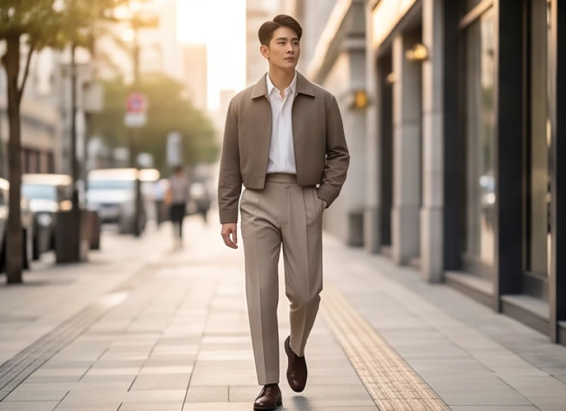 Nam thanh niên phối quần tây ống đứng cạp cao cùng áo sơ mi sơ vin và áo khoác lửng