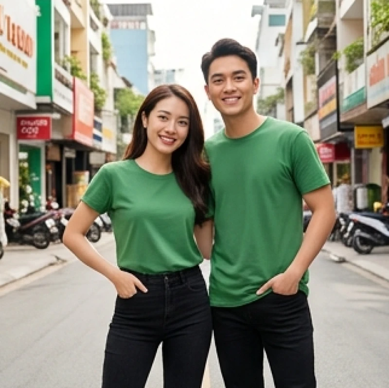 Trang phục áo thun cotton xanh lá và quần jean đen năng động cho mệnh Mộc