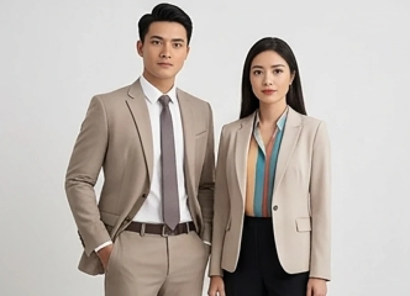 Màu trang phục hợp tuổi Tý: công thức phối riêng nam và nữ 4 Cặp đôi nam nữ công sở mặc trang phục thanh lịch với sự tiết chế màu sắc hài hòa.