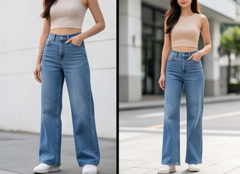 Cô gái trẻ mặc áo croptop phối cùng quần jeans ống rộng cạp cao giúp ăn gian chiều dài đôi chân