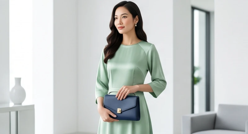 Nữ gia chủ diện trang phục lụa màu xanh ngọc nhạt kết hợp phụ kiện túi xách tinh tế giúp cân bằng ngũ hành