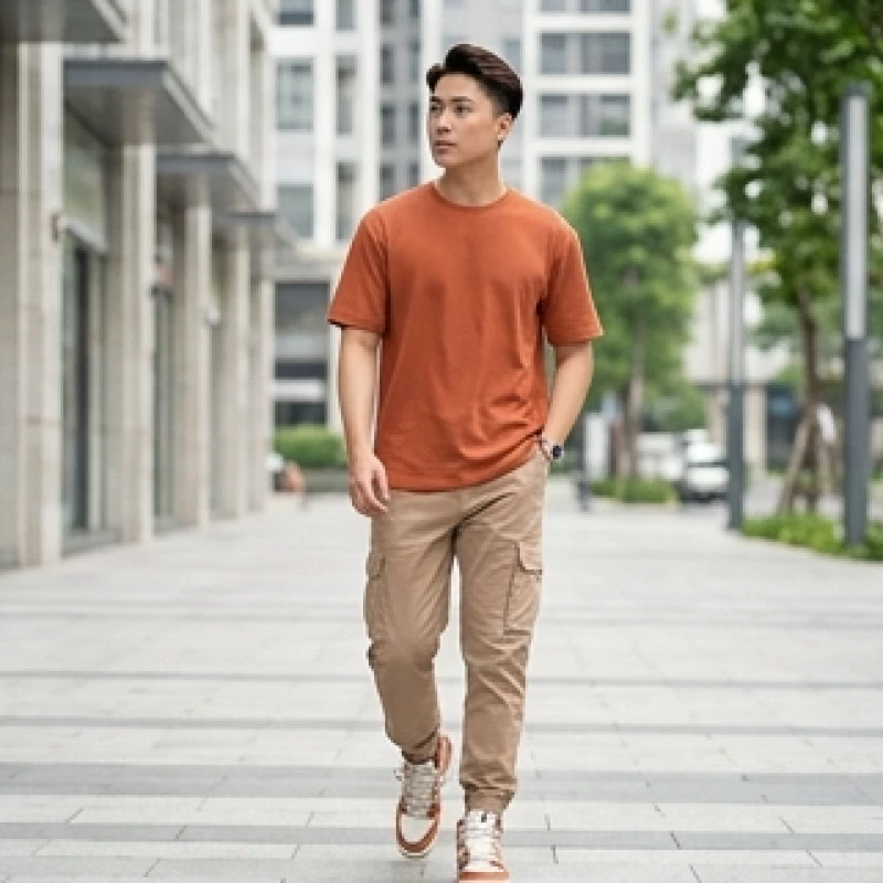 Màu trang phục hợp tuổi Hợi: Tỷ lệ phối đồ nam nữ theo dịp 4 Nam thanh niên mệnh Thổ diện phong cách streetwear với áo thun cam đất năng động
