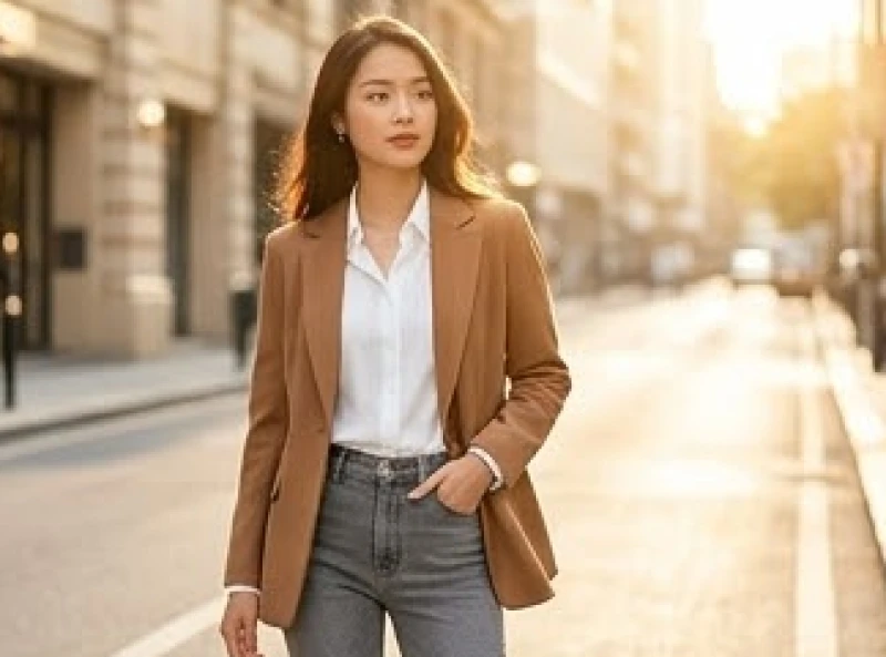 Nữ giới tuổi Canh Thìn mặc blazer màu nâu cam phối cùng áo sơ mi trắng tinh khôi