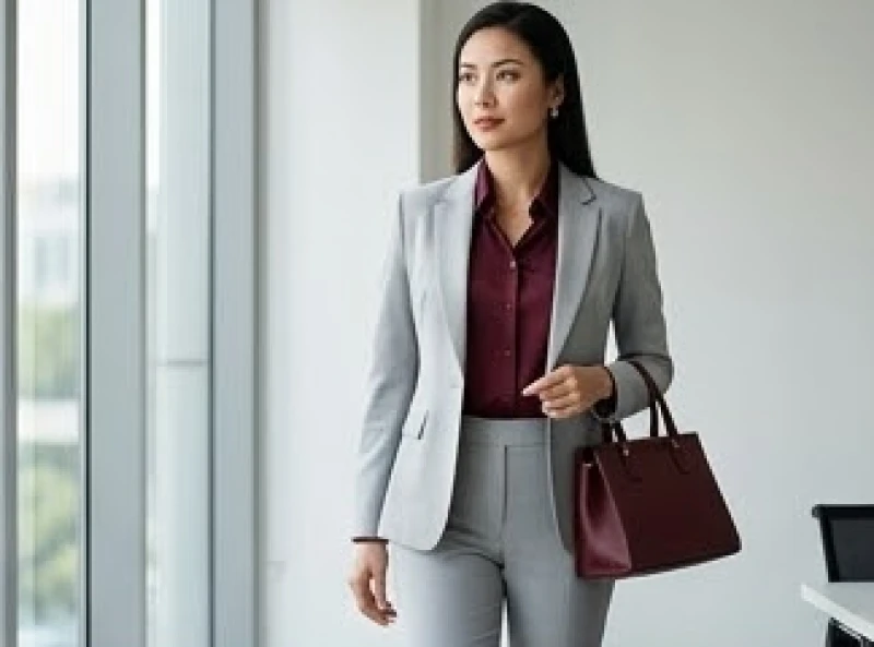 Màu trang phục hợp tuổi Ngọ: Tỷ lệ phối đồ chuẩn phong thủy 3 Bộ trang phục công sở với 70 phần trăm màu xám trung tính và 30 phần trăm phụ kiện đỏ