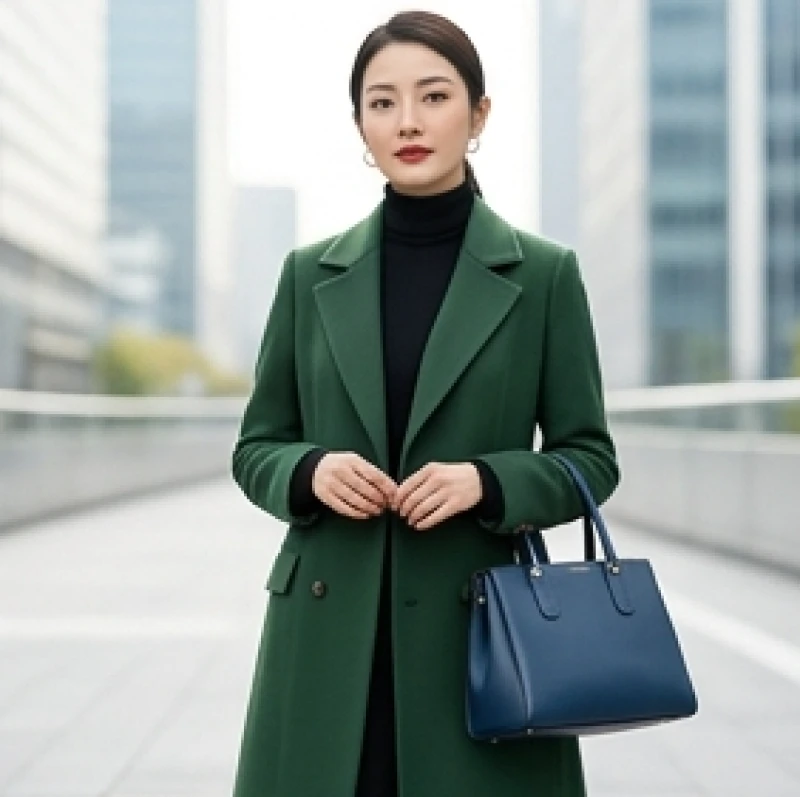 Màu trang phục hợp tuổi Sửu: Công thức phối đồ Nam Nữ chi tiết 7 Nữ giới diện áo khoác xanh lục phối cùng áo đen và túi xách xanh biển sẫm theo đúng tỷ lệ phong thủy 60-30-10