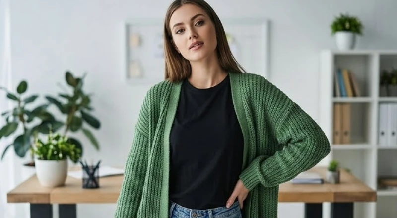 Màu trang phục hợp tuổi Ngọ: Tỷ lệ phối đồ chuẩn phong thủy 13 Áo khoác cardigan màu xanh lá cây mặc ngoài áo thun đồng phục màu đen tạo lớp layer phong thủy