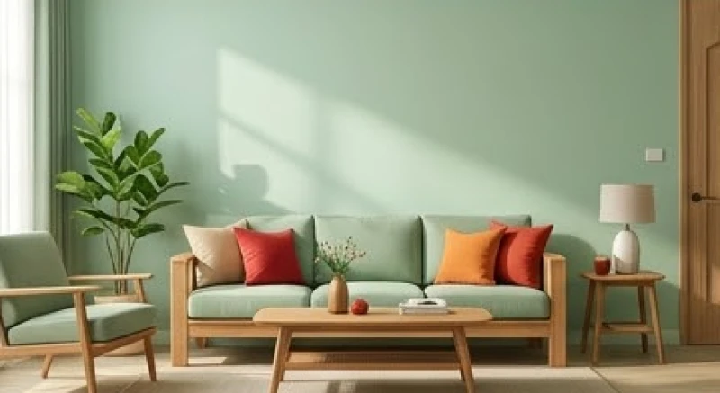 Phòng khách áp dụng quy tắc 60-30-10 với tường xanh nhạt sofa gỗ và gối tựa màu cam đỏ