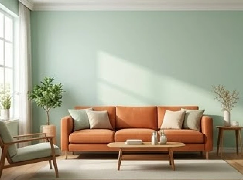 Không gian phòng khách sử dụng màu xanh ngọc chủ đạo kết hợp sofa cam đất hợp phong thủy