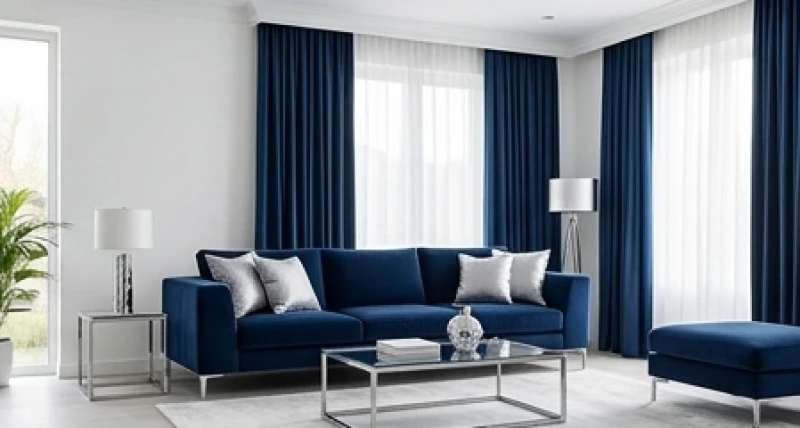 Phòng khách thiết kế theo tỷ lệ chuẩn với nền tường màu trắng và bộ sofa màu xanh nước biển