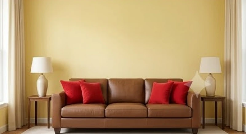 Phòng khách thiết kế theo tỷ lệ vàng với tường vàng nhạt, sofa nâu đất và gối tựa màu đỏ nổi bật hài hòa