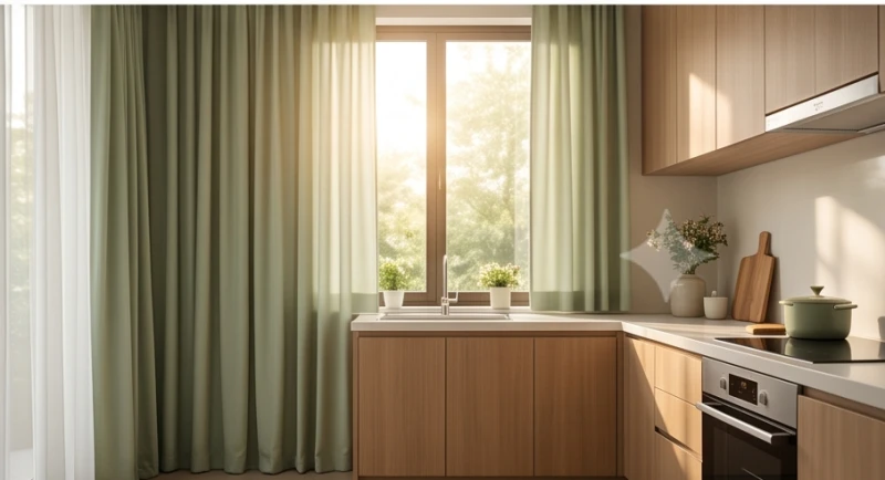 Rèm che cửa sổ màu xanh lá cây nhạt kết hợp hài hòa trong gian bếp để cân bằng sinh khí cho vợ chồng