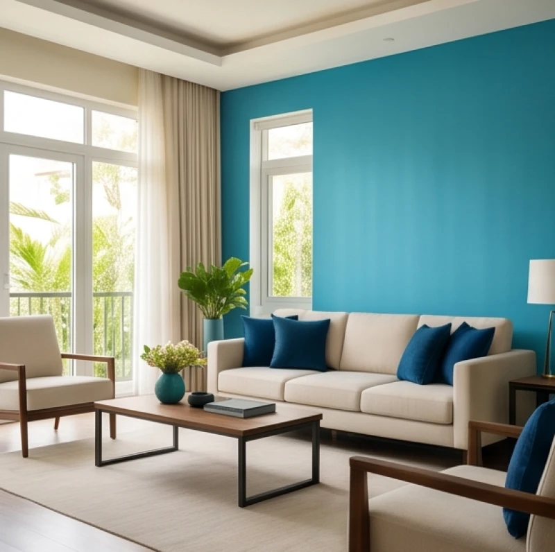 Ứng dụng tỷ lệ phối màu 60-30-10 với tường nền sáng nhạt và mảng nhấn màu xanh ngọc bích