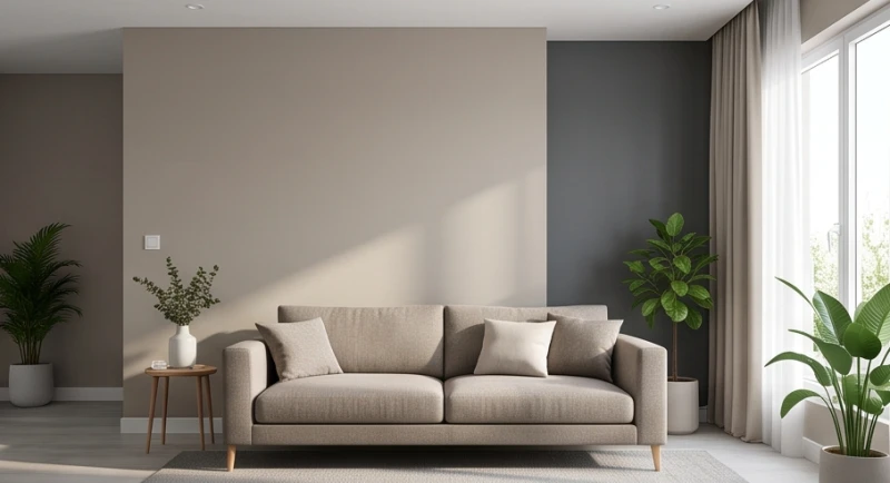 Bản phối màu sơn hiện đại dành cho phòng khách áp dụng quy tắc tỷ lệ chuẩn, tạo điểm nhấn nhẹ nhàng và thanh lịch