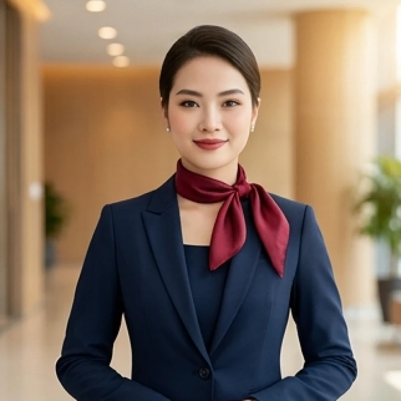 Nữ giới dùng khăn lụa màu đỏ burgundy quàng cổ để hóa giải màu áo khoác đồng phục đại kỵ