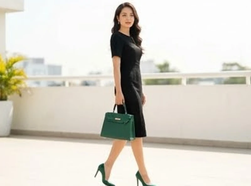 Nữ giới diện đầm đen kết hợp cùng túi xách và giày cao gót màu xanh lá rêu bắt mắt