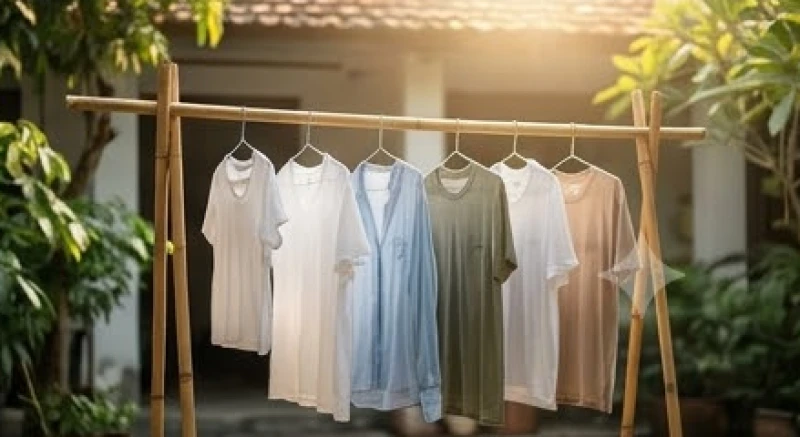 Những bộ quần áo sạch sẽ đang được phơi trên sào tre dưới ánh nắng vàng rực rỡ của buổi sáng