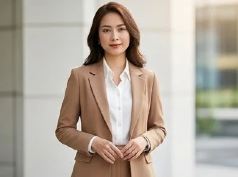 Màu trang phục hợp tuổi Ngọ: Tỷ lệ phối đồ chuẩn phong thủy 6 Set đồ blazer màu nâu tây khoác ngoài áo sơ mi lụa trắng thanh lịch và sang trọng