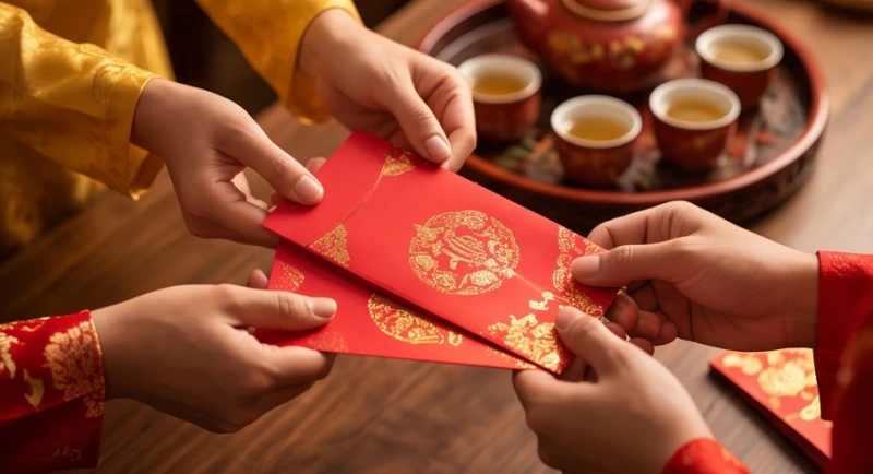 Hai đôi bàn tay nâng niu trao nhau phong bao lì xì đỏ in họa tiết vàng tinh xảo trên nền khay mứt Tết.