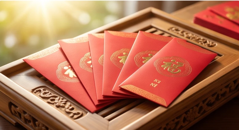 Những chiếc phong bao lì xì màu đỏ rực rỡ được xếp ngay ngắn trên khay gỗ đón ánh nắng