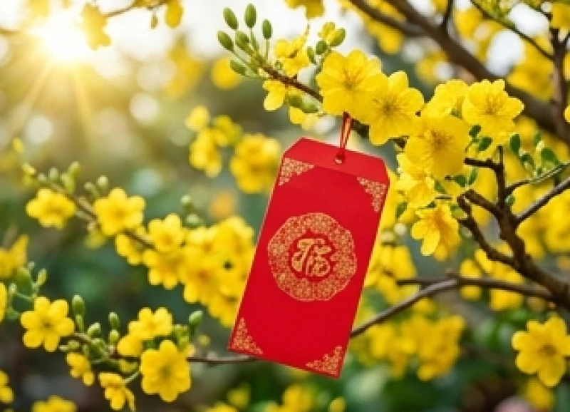 Những chiếc phong bao lì xì màu đỏ rực rỡ được đặt trang trọng trên cành mai vàng khoe sắc.