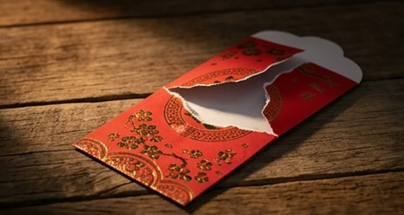 Một chiếc phong bao lì xì đỏ bị xé mở nhưng bên trong hoàn toàn trống rỗng không có tờ tiền nào