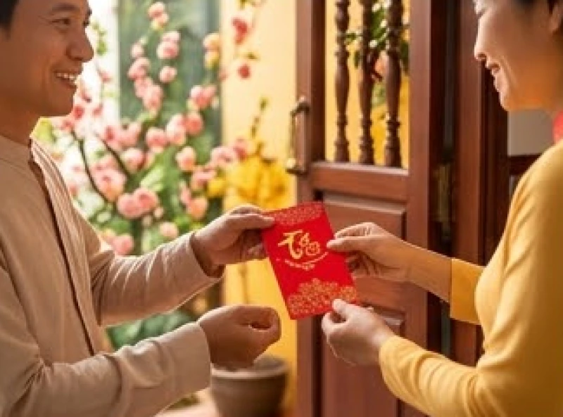 Vị khách xông đất nở nụ cười tươi tắn trao phong bao lì xì màu đỏ cho gia chủ trong ngày mùng 1 Tết
