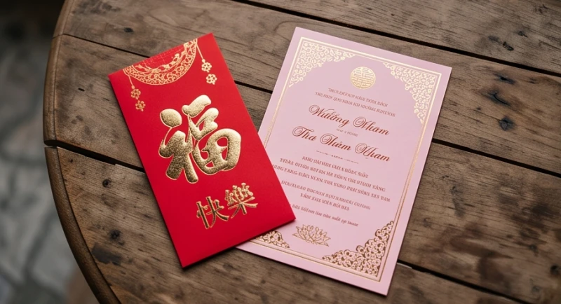 Đám cưới gặp đám ma là điềm gì: Cách nhường đường & hóa giải 6 Chiếc phong bì mừng cưới màu đỏ được đặt trang trọng bên cạnh tấm thiệp hồng ghi lời chúc phúc