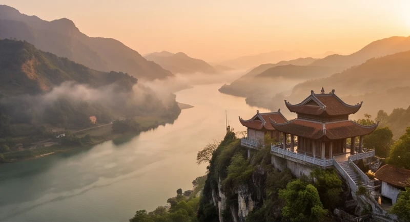 Văn khấn Chúa Thác Bờ: Bài khấn chuẩn và trình tự dâng lễ 2 Khung cảnh thiên nhiên hùng vĩ bao quanh đền thờ linh thiêng ven dòng sông Đà ngập tràn ánh nắng ấm áp.