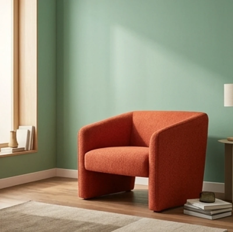 Không gian phòng khách sử dụng tông xanh ngọc chủ đạo kết hợp chiếc sofa màu cam đất