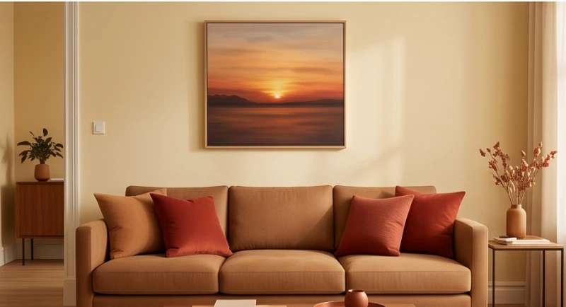 Phòng khách hiện đại với tường sơn màu vàng kem êm ái cùng bộ sofa nổi bật nhờ những điểm nhấn màu đỏ gạch