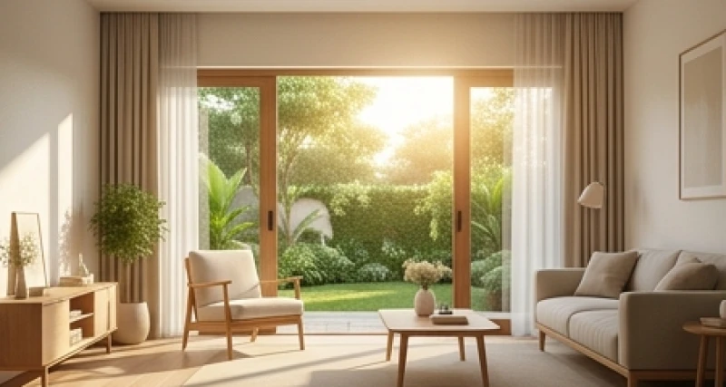 Phòng khách hiện đại với cửa kính lớn mở về hướng Tây Nam đón trọn vẹn ánh sáng mặt trời