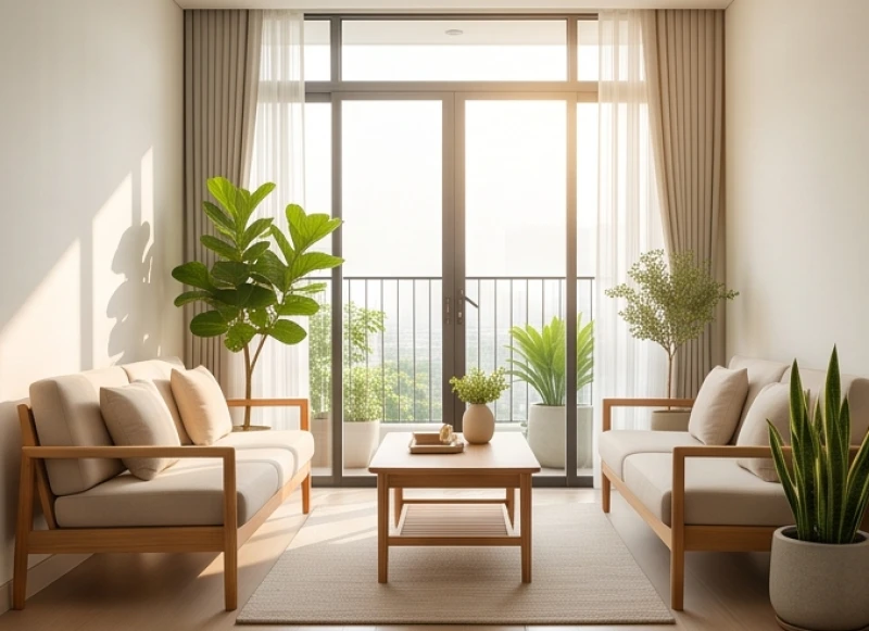 Không gian phòng khách ngập tràn ánh sáng tự nhiên với hướng cửa đón vượng khí cho tuổi Tân Hợi