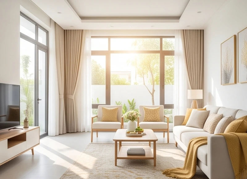 Không gian phòng khách ngập tràn ánh sáng tự nhiên đại diện cho hướng Sinh Khí mang lại vượng khí