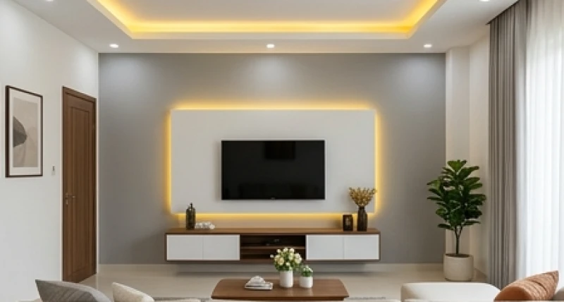 Phòng khách sơn nền trắng phối mảng tường nhấn xám ghi cùng hệ đèn hắt sáng vàng