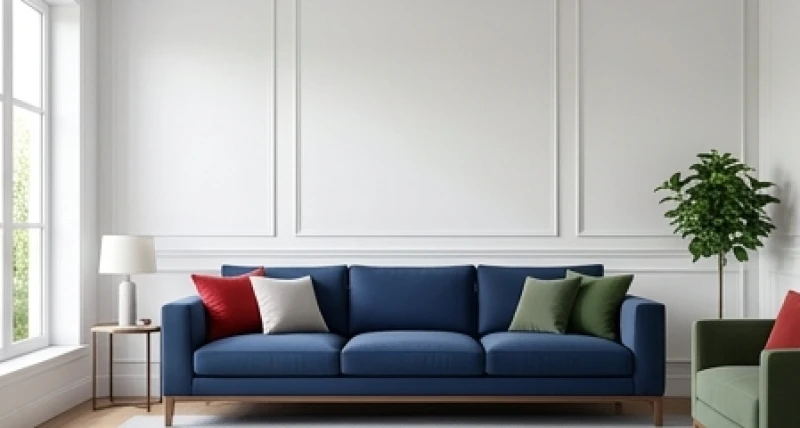 Không gian phòng khách hiện đại sử dụng sơn tường màu trắng làm nền và bộ sofa màu xanh navy nổi bật