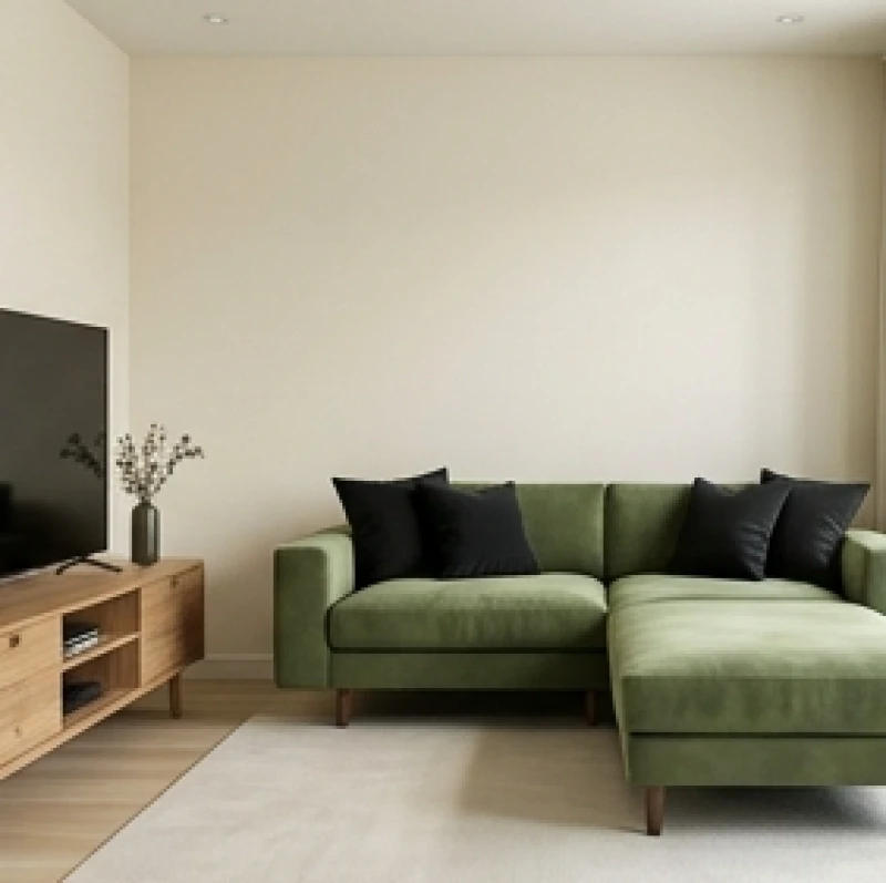 Phòng khách sang trọng ứng dụng nguyên tắc tỷ lệ màu sắc chuẩn xác với tường kem, sofa xanh rêu và gối tựa đen