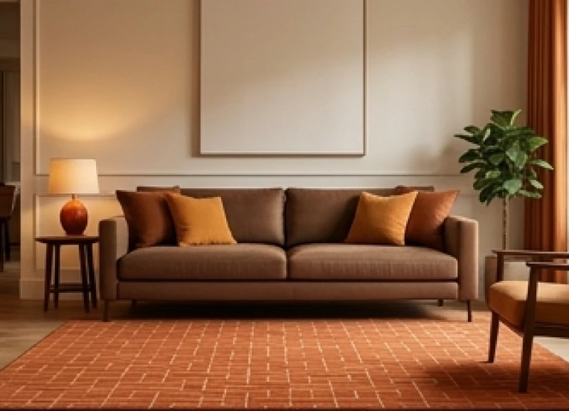 Bố trí phòng khách với sofa nâu và điểm nhấn màu cam gạch hút tài lộc